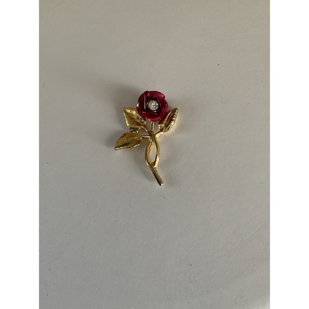 Vintage Red Rose Brooch Gold Tone Rhinestone Center Long Stem Lapel Pin Tie Tac